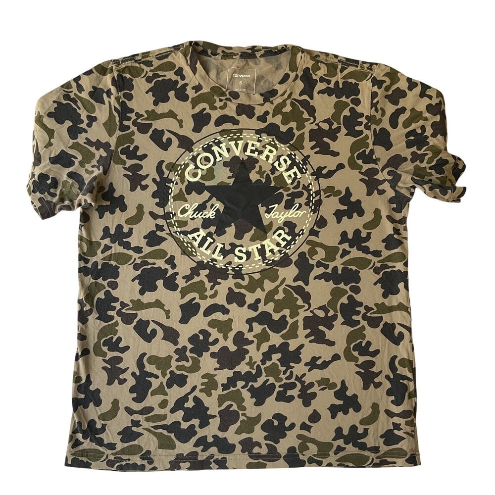 Converse Women Shirt S Green Camouflage Chuck Taylor Logo Short Sleeve Crew Neck